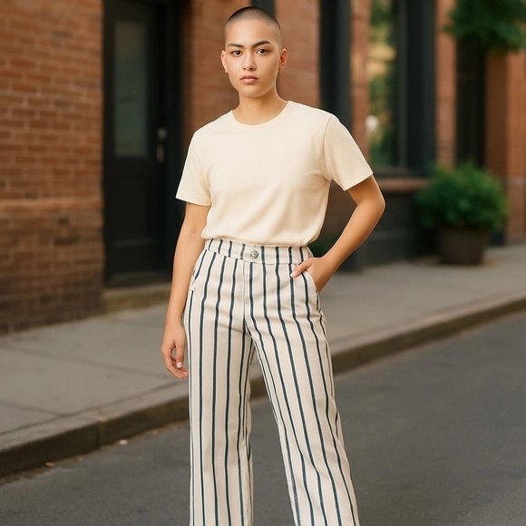 KanCan Striped Flare & Wide Leg Jeans - White and Blue - Picture 9 of 13